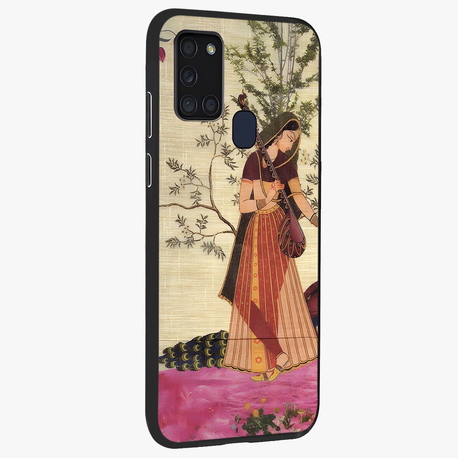 Lady With Veena Art Glass Case upright view showcasing classical veena artwork with traditional artistic theme.