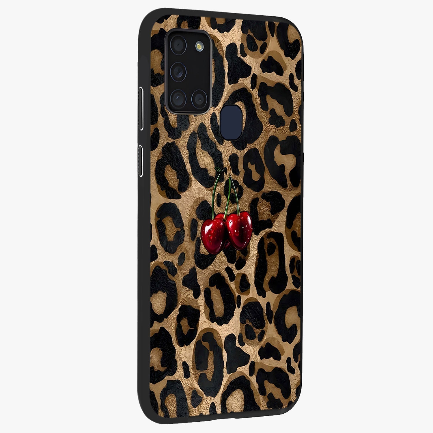 Leopard Wild Cherry Glass Case upright view showcasing stylish leopard pattern artwork with trendy fashion theme.