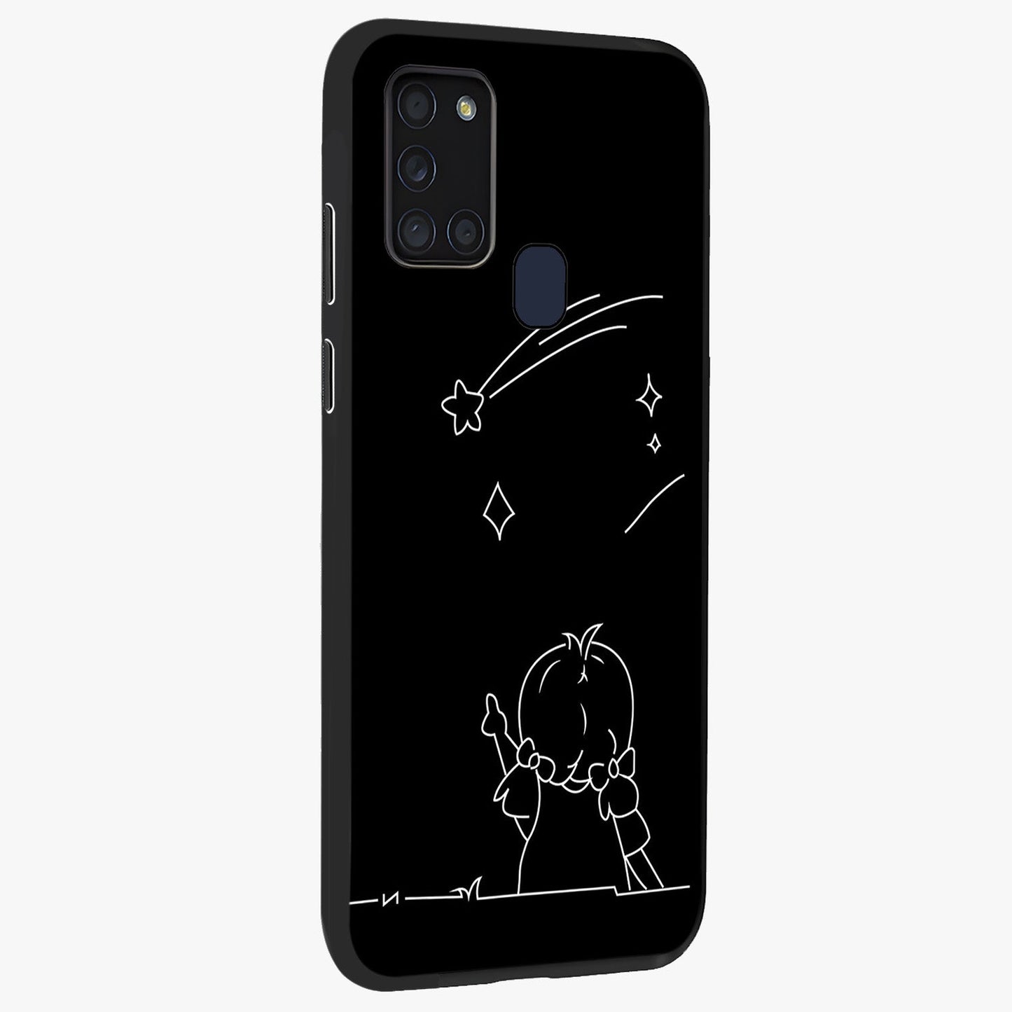 Line Art Girl With Shooting Stars Glass Case upright view showcasing delicate shooting stars artwork with minimal artistic theme.