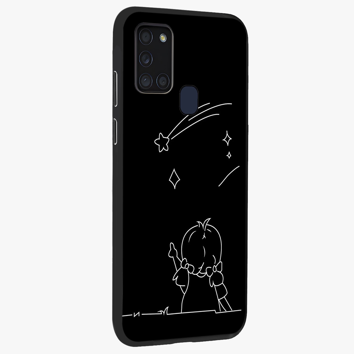 Line Art Girl With Shooting Stars Glass Case upright view showcasing delicate shooting stars artwork with minimal artistic theme.