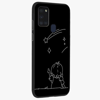 Line Art Girl With Shooting Stars Glass Case upright view showcasing delicate shooting stars artwork with minimal artistic theme.