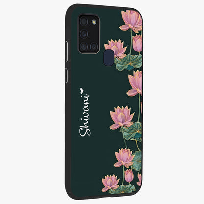 Lotus Bloom Serenity Custom Name Glass Case upright view showcasing serene lotus bloom artwork with personalized floral aesthetic.