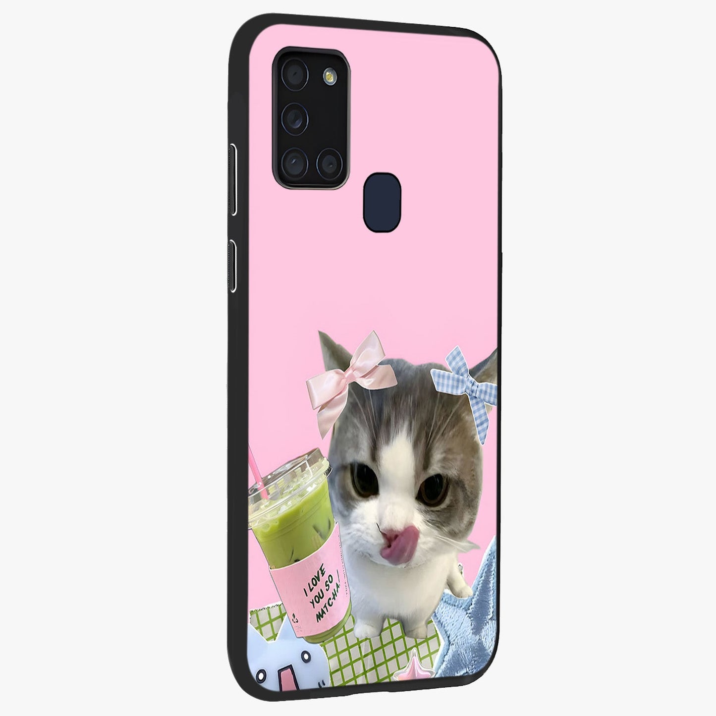 Love Matcha Cat Glass Case upright view showcasing adorable cat artwork with charming matcha themed design.
