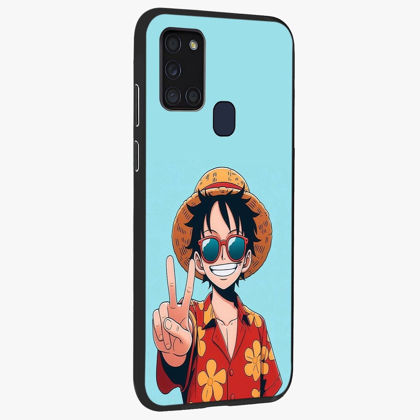 Luffy Summer Anime Vibe Glass Case upright view showcasing dynamic anime artwork with bright adventurous theme.