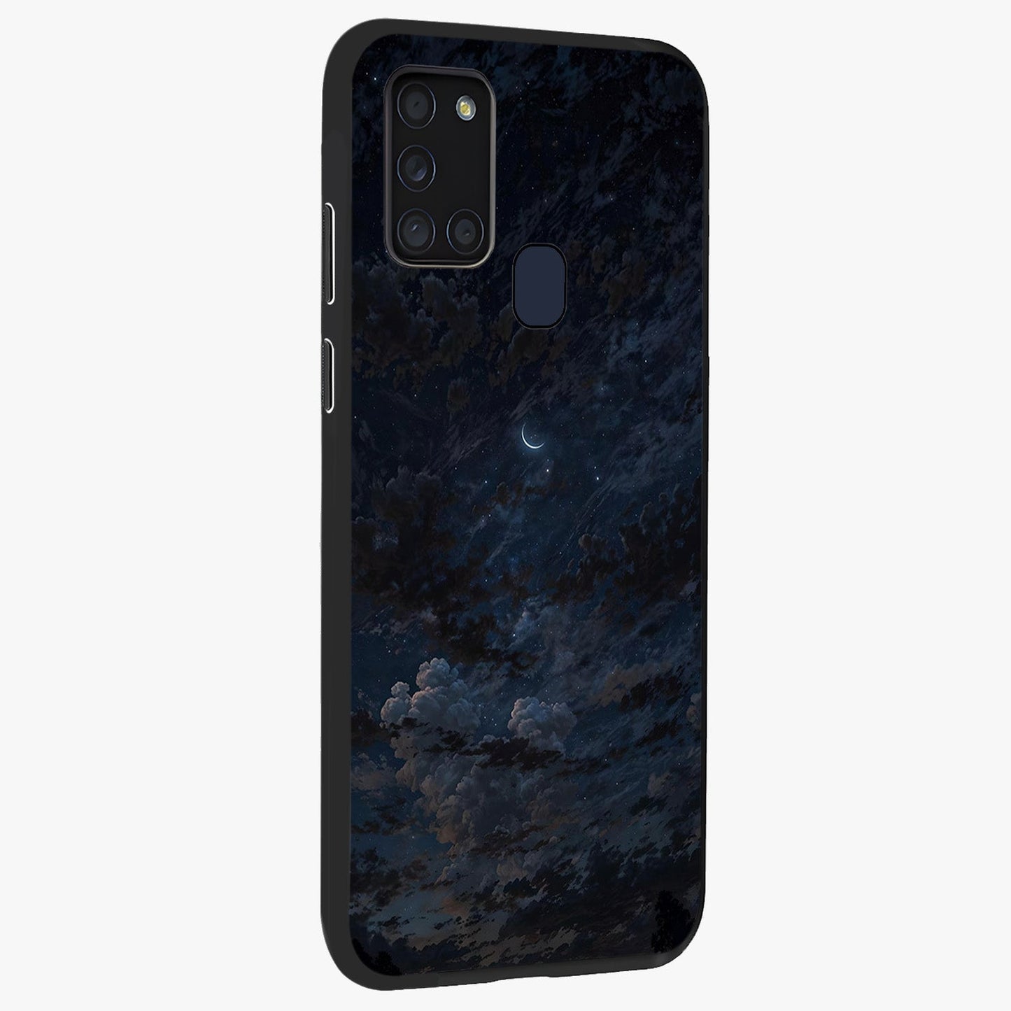 Lunar Veil Silence Glass Case upright view showcasing calm moon themed artwork with serene night atmosphere.