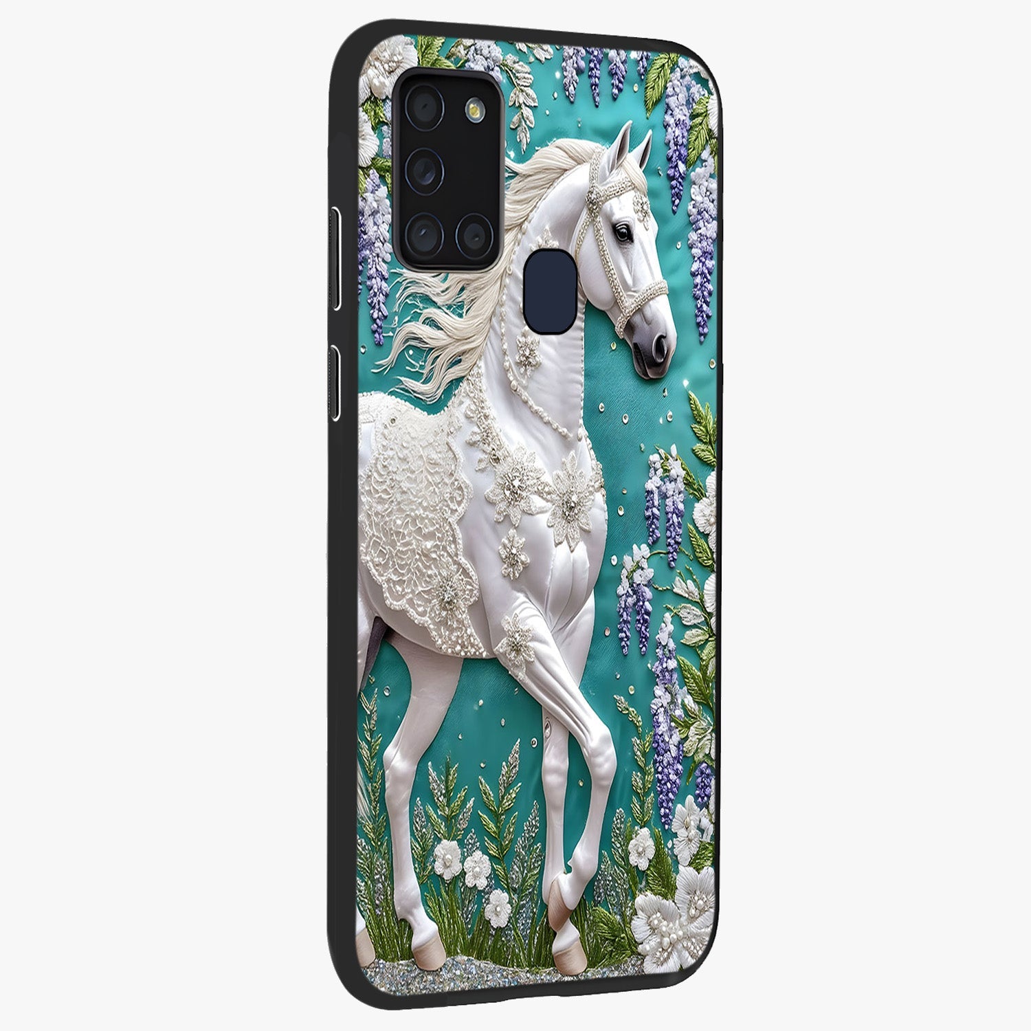 Majestic Floral Stallion Glass Case upright view showcasing dramatic horse artwork with decorative floral theme.