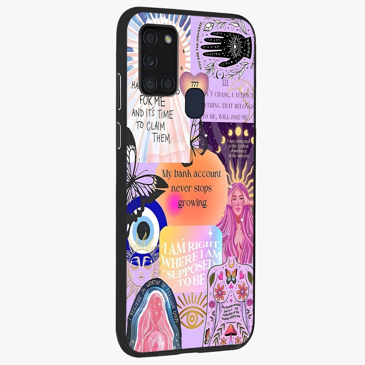 Manifestation Collage Glass Case upright view showcasing artistic manifestation themed artwork with creative style.