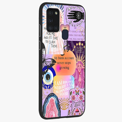 Manifestation Collage Glass Case upright view showcasing artistic manifestation themed artwork with creative style.