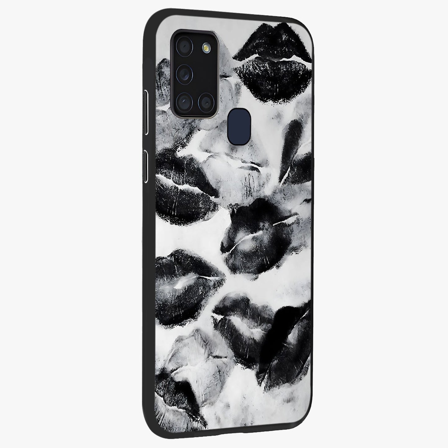 Midnight Kiss Marks Glass Case upright view showcasing stylish kiss mark artwork with trendy romantic theme.