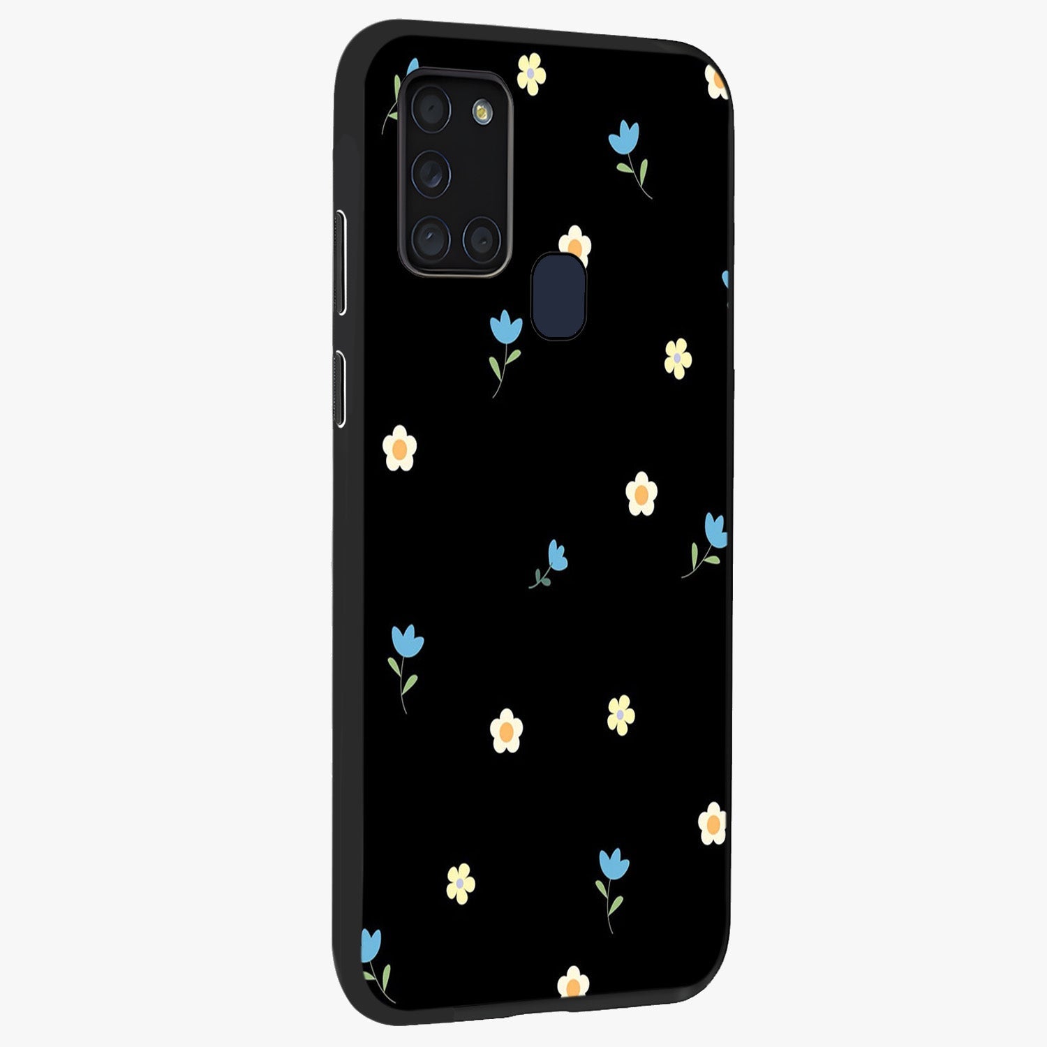 Minimal Petal Whispers Glass Case upright view showcasing elegant floral artwork with modern minimalist style.