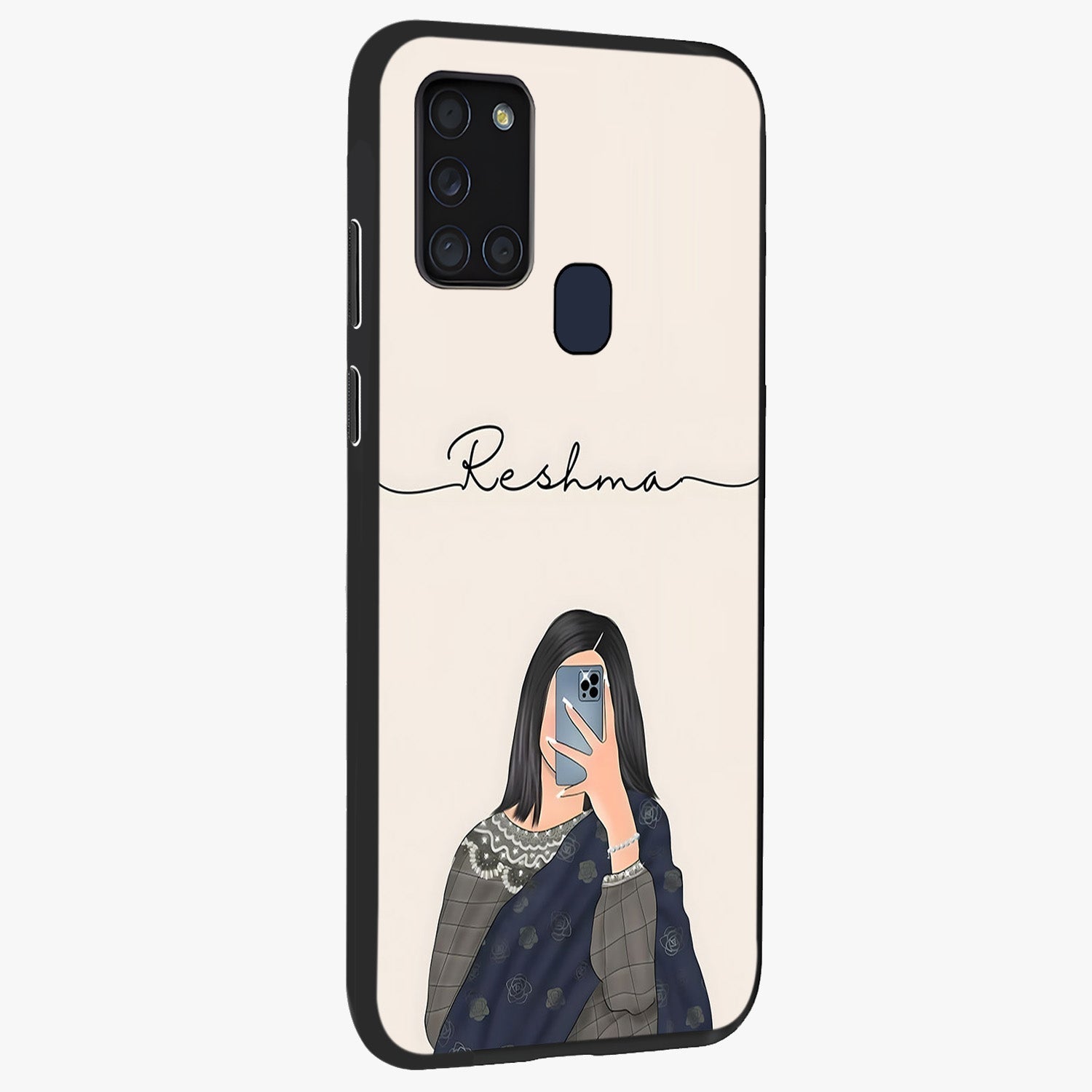 Mirror Mood Muse With Custom Name Glass Case upright view showcasing artistic mirror themed artwork with personalized aesthetic.