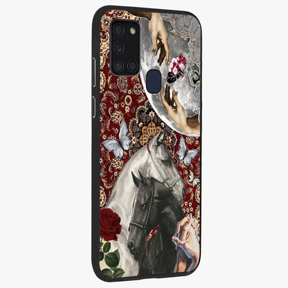 Moonlit Royal Stallion Glass Case upright view showcasing dramatic horse artwork with glowing moon themed design.