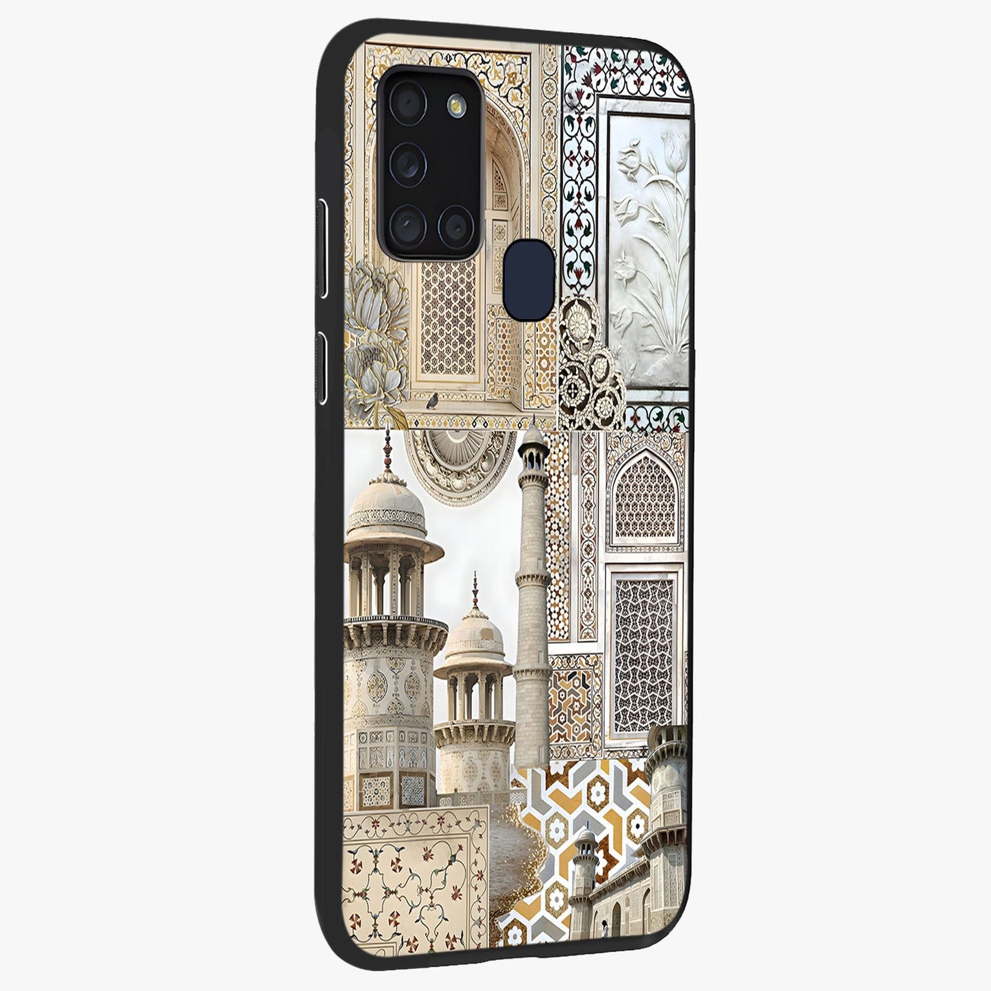 Mughal Marble Legacy Glass Case upright view showcasing ornate Mughal design with luxurious traditional theme.