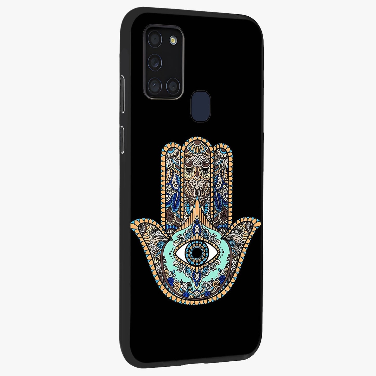 Mystic Hamsa Eye Glass Case upright view showcasing detailed hamsa eye artwork with protective spiritual theme.