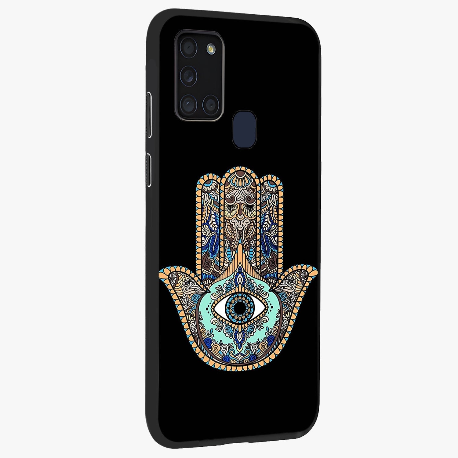 Mystic Hamsa Eye Glass Case upright view showcasing detailed hamsa eye artwork with protective spiritual theme.