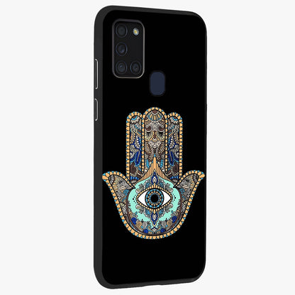 Mystic Hamsa Eye Glass Case upright view showcasing detailed hamsa eye artwork with protective spiritual theme.