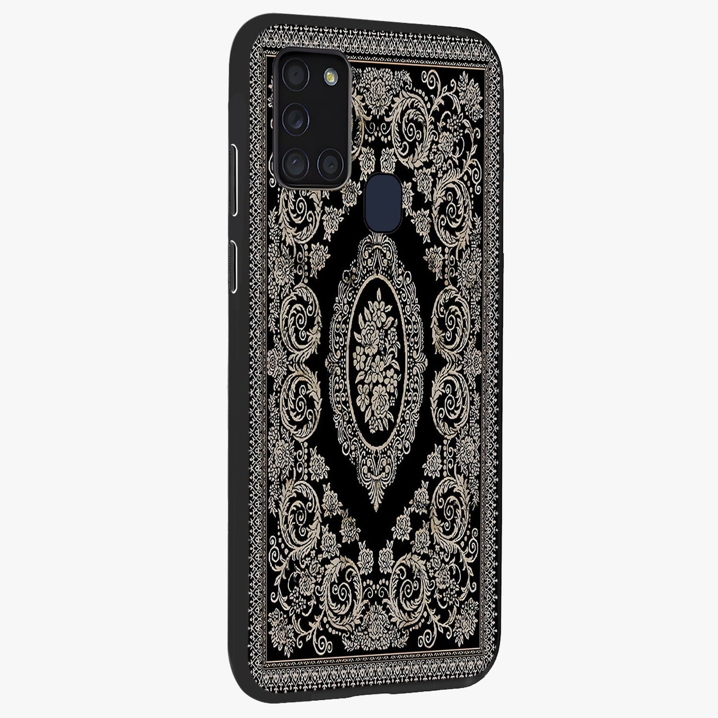 Noir Bloom Elegance Glass Case upright view showcasing graceful floral artwork with luxurious dark theme.