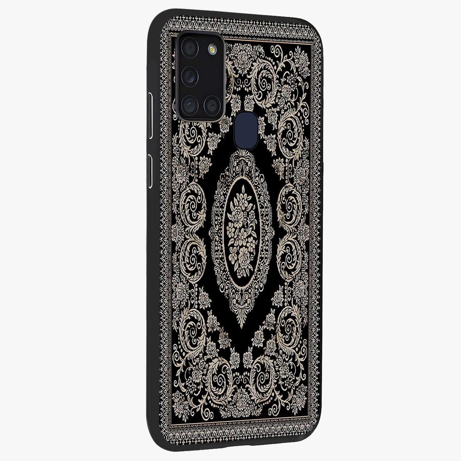 Noir Bloom Elegance Glass Case upright view showcasing graceful floral artwork with luxurious dark theme.