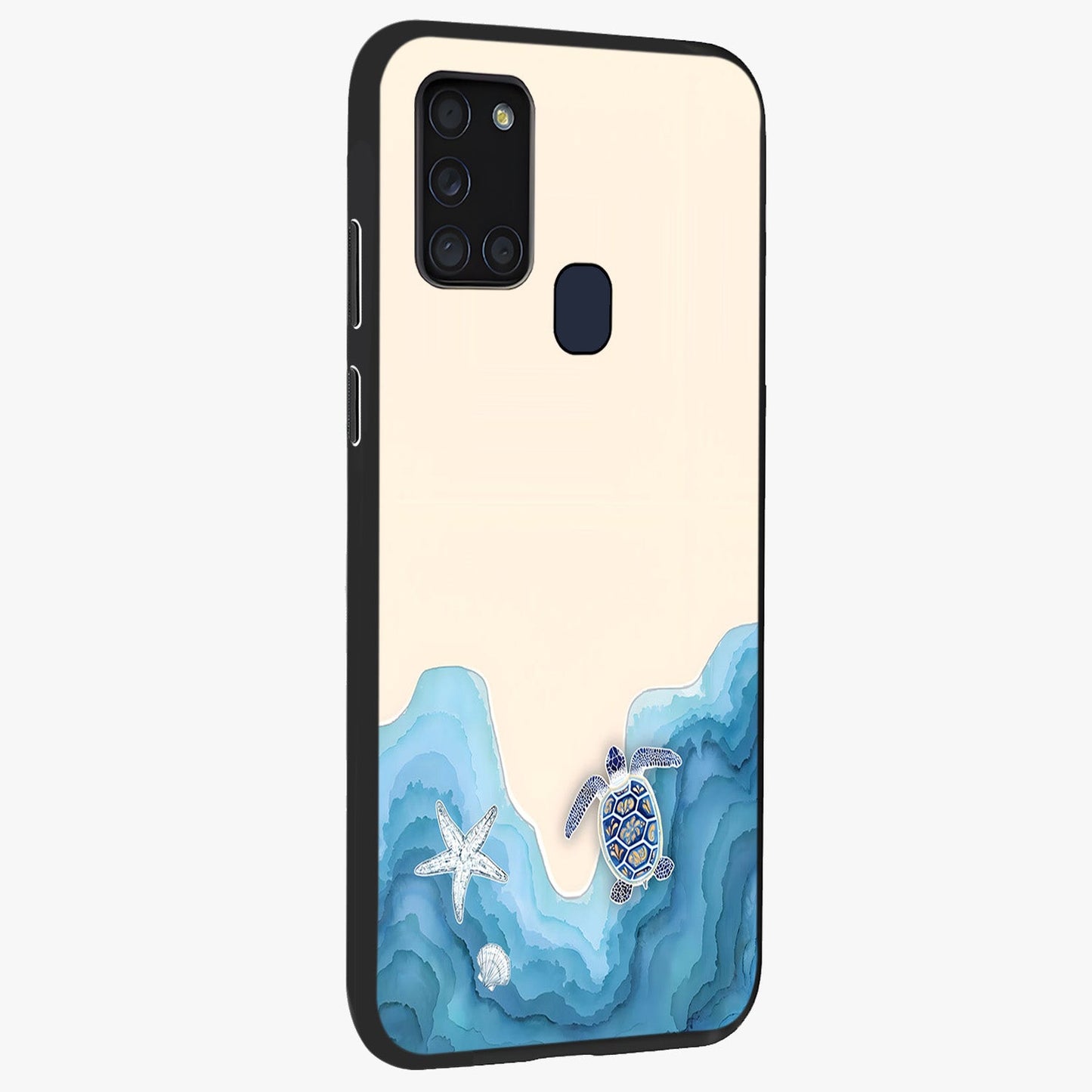 Ocean Drift Turtle Glass Case upright view showcasing calm underwater turtle artwork with nature inspired theme.