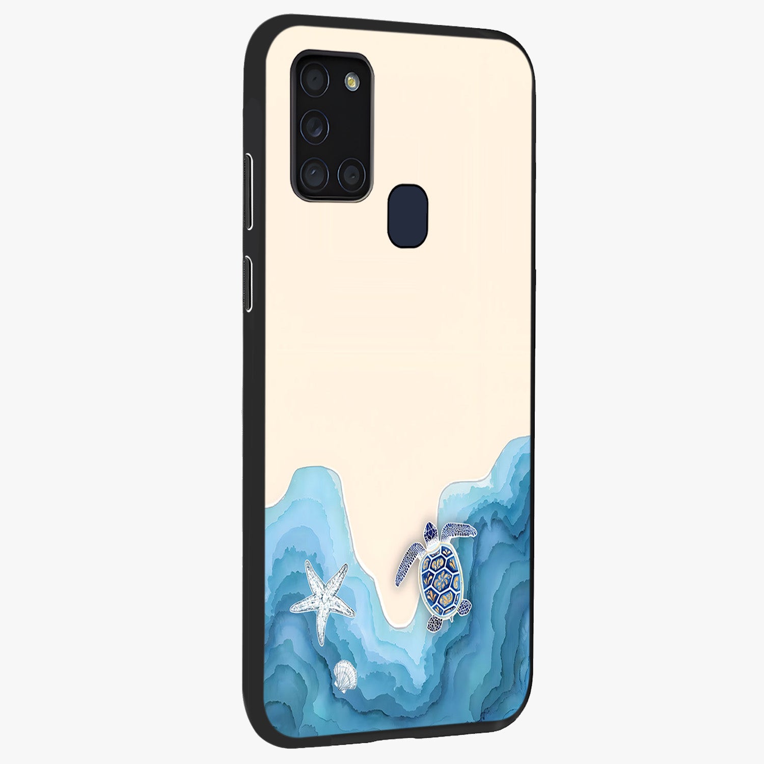 Ocean Drift Turtle Glass Case upright view showcasing calm underwater turtle artwork with nature inspired theme.