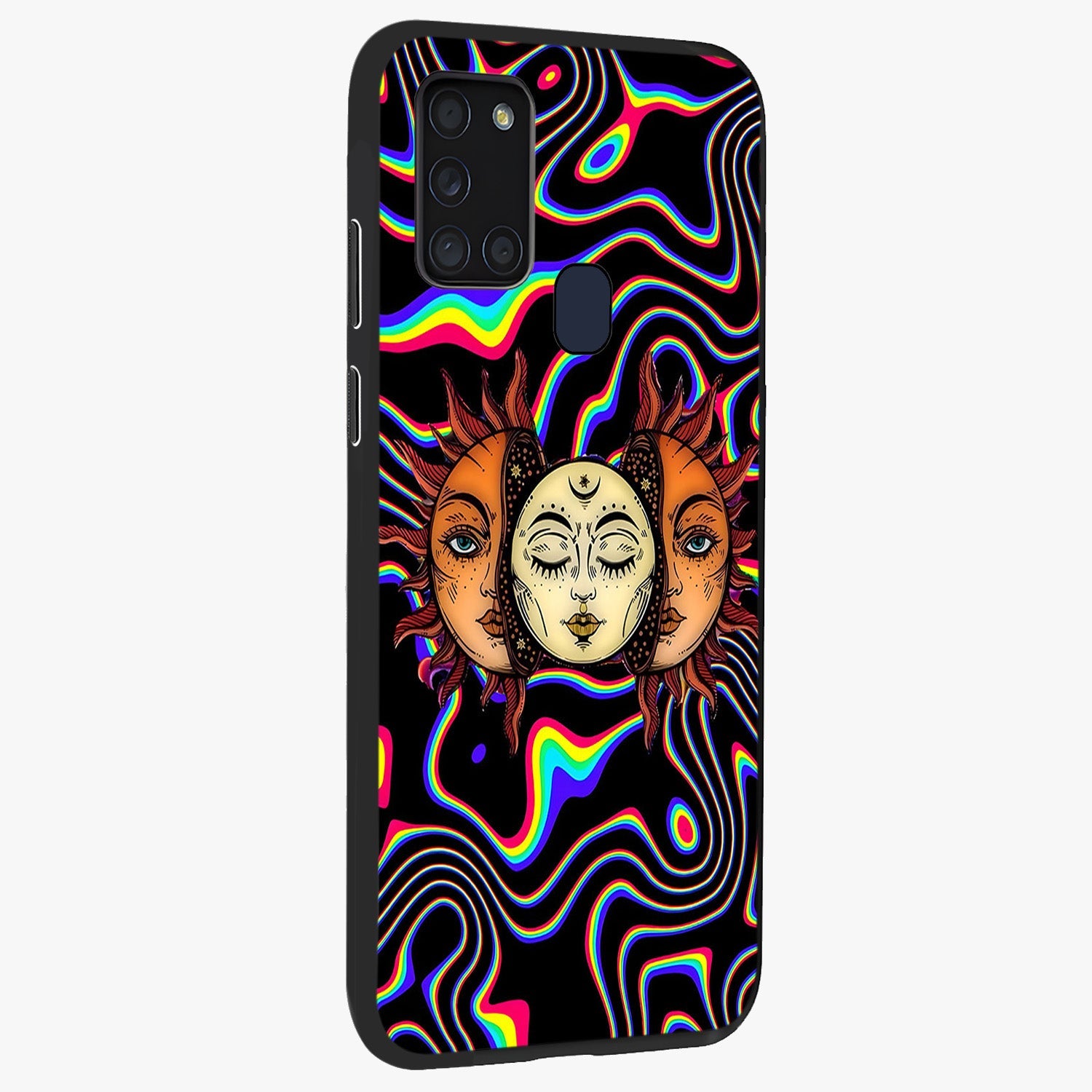 Psychedelic Sun Glass Case upright view showcasing trippy sun artwork with bold psychedelic theme.