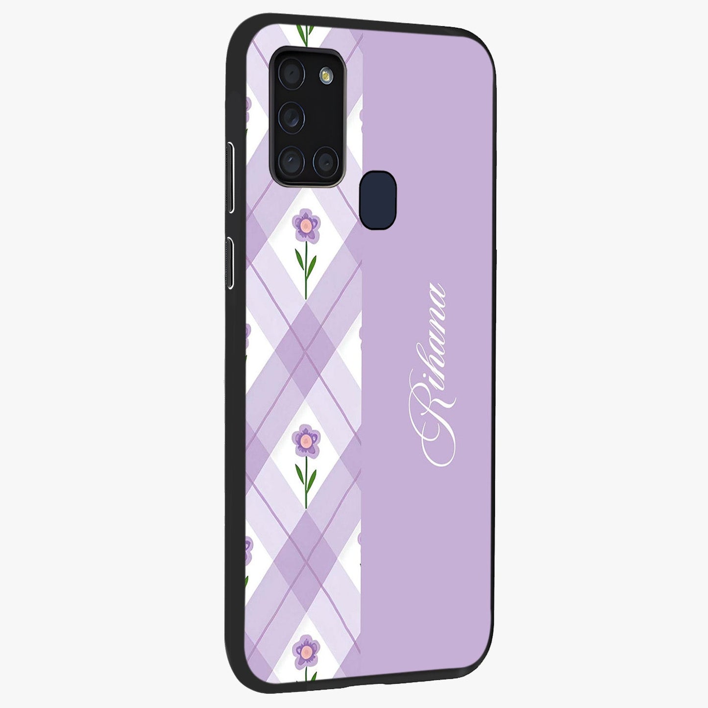 Purple Diamond Floral Glass Case upright view showcasing vibrant floral artwork with stylish geometric theme.