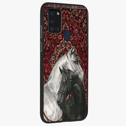 Regal Stallion Tapestry Glass Case upright view showcasing powerful horse artwork with elegant tapestry theme.