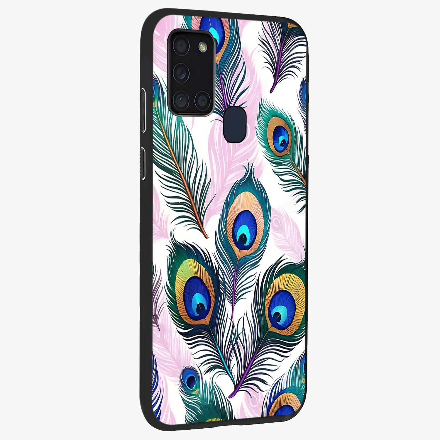 Royal Peacock Feathers Glass Case upright view showcasing elegant peacock feather artwork with decorative royal theme.
