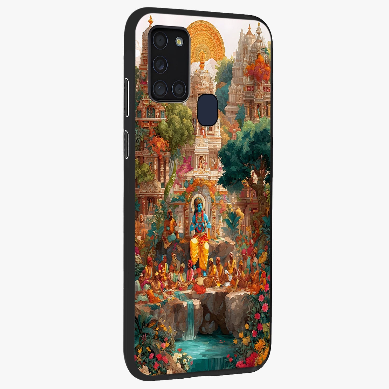 Sacred Sunlight Gods Glass Case upright view showcasing glowing divine artwork with sacred mythological theme.