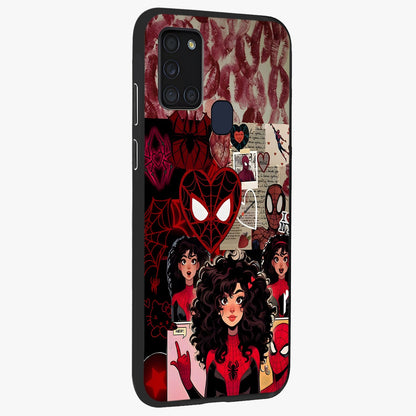 Spider Love Story Glass Case upright view showcasing charming superhero artwork with romantic comic theme.