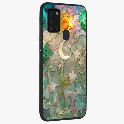Stained Sunrise Glow Glass Case upright view showcasing colorful sunrise artwork with warm morning theme.