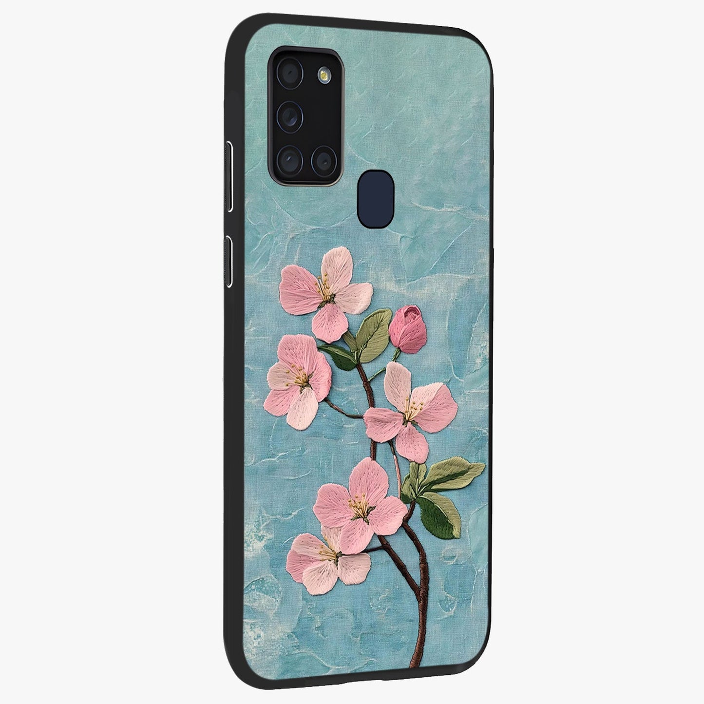 Threaded Blossom Breeze Glass Case upright view showcasing graceful flower artwork with calm botanical theme.