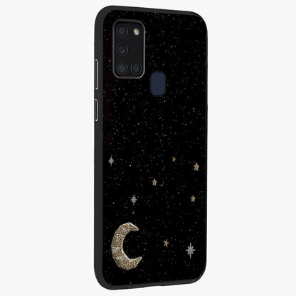 Twinkle Star With Half Moon Glass Case upright view showcasing glowing cosmic artwork with dreamy night theme.