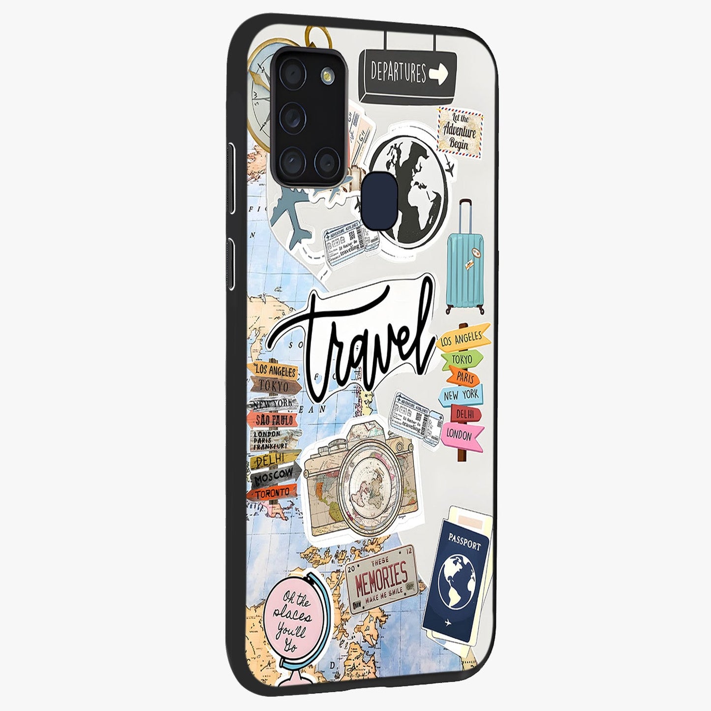 Wanderlust Journal Glass Case upright view showcasing wanderlust inspired artwork with creative exploration theme.