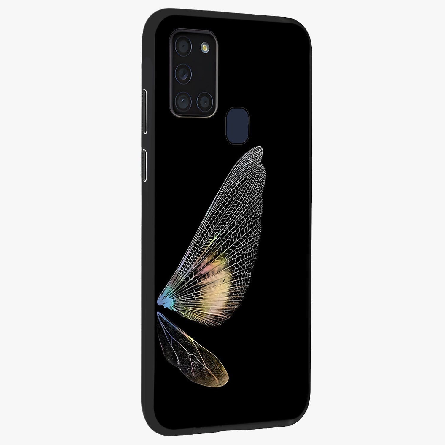 Whispers Of Wings Glass Case upright view showcasing elegant wing artwork with light airy theme.