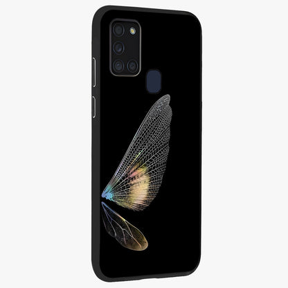 Whispers Of Wings Glass Case upright view showcasing elegant wing artwork with light airy theme.