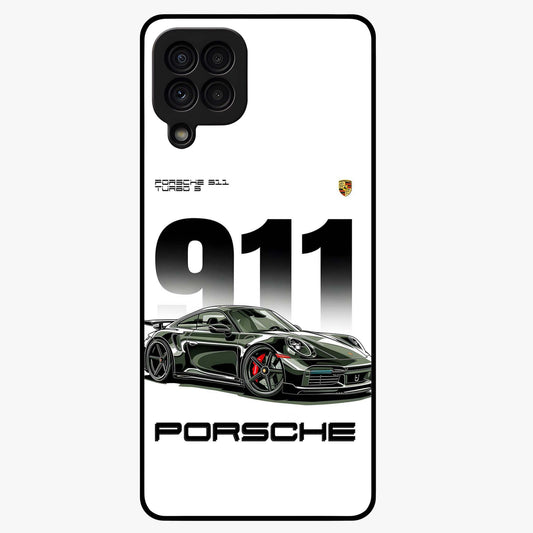 911 Turbo Dominance Glass Case showing clean flat back view with bold 911 sports car artwork and glossy glass finish.