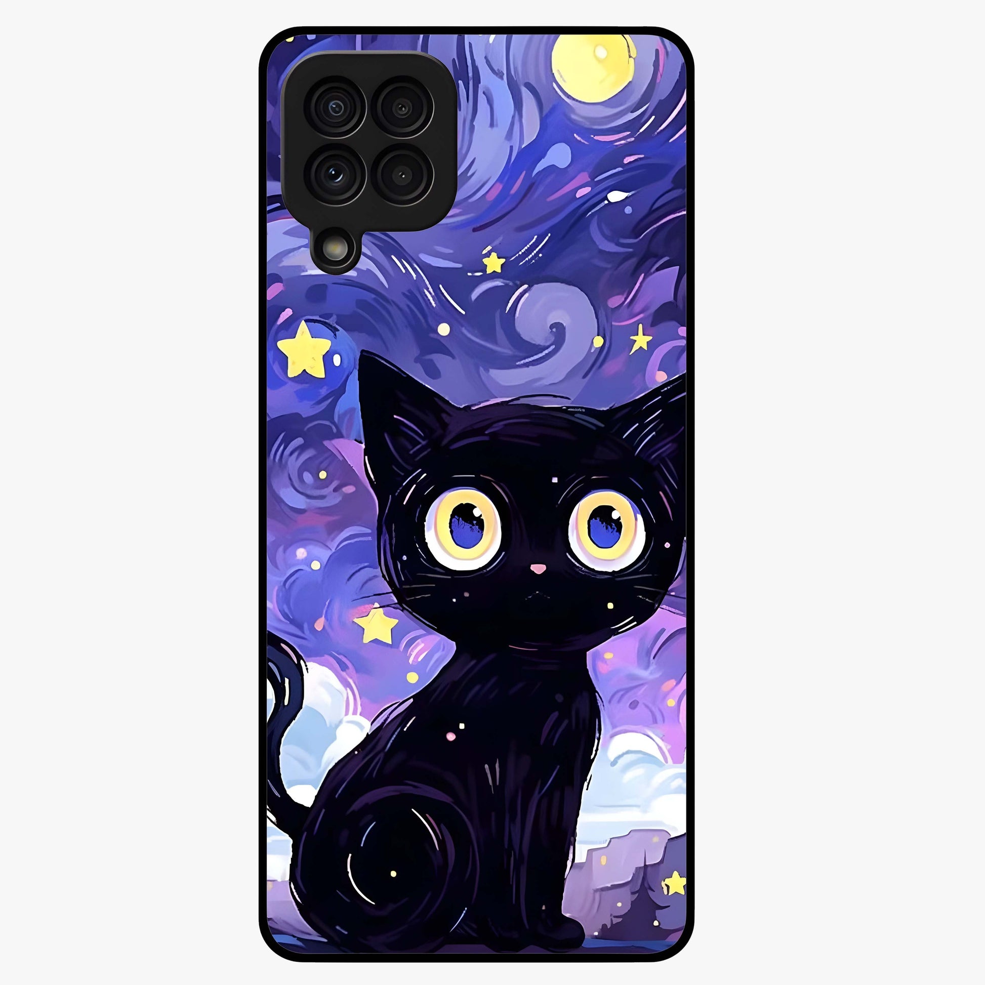 Abstract Cat Art Glass Case showing flat back view with artistic cat illustration and glossy glass finish.