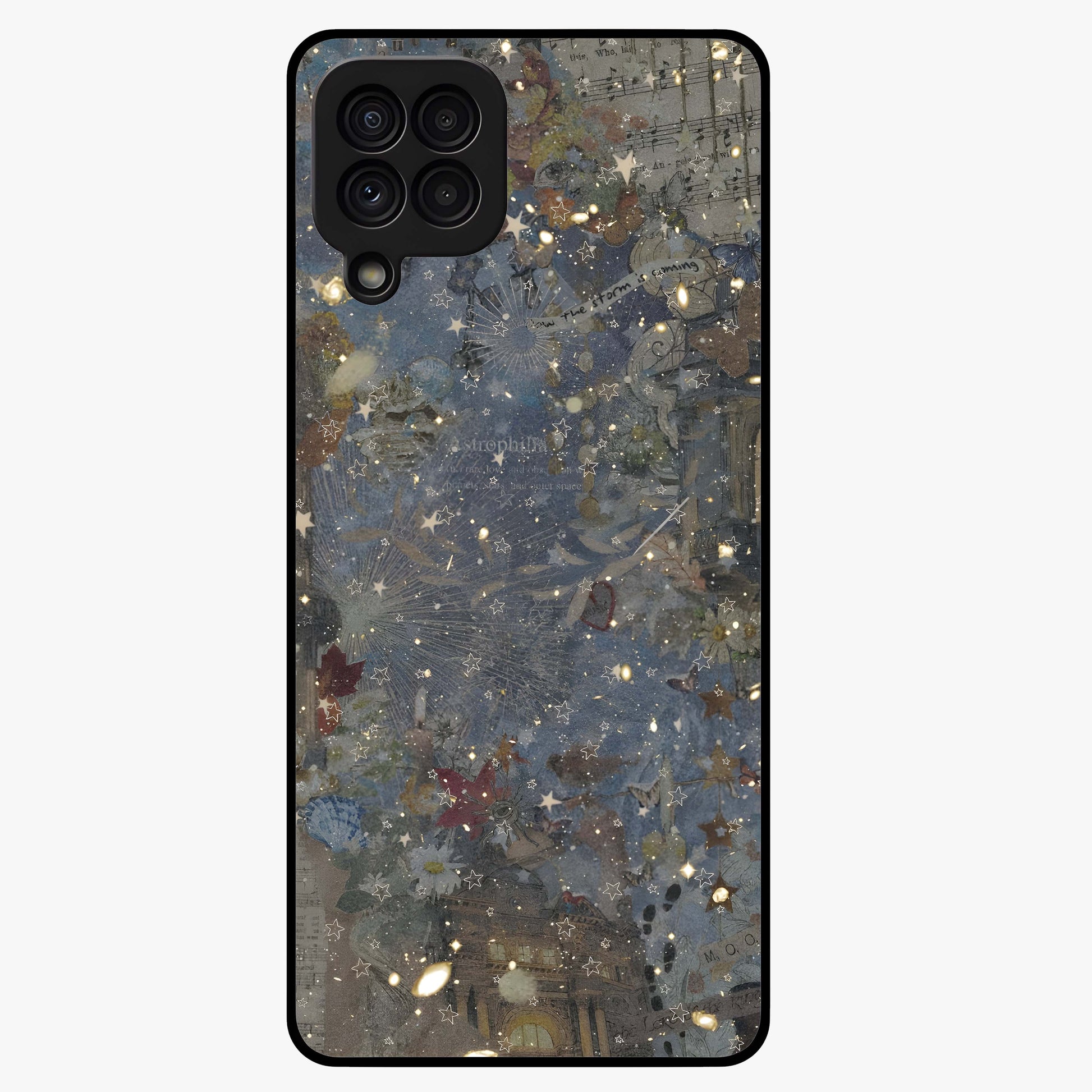 Aesthetic Astrolophia Glass Case showing flat back view with dreamy aesthetic design and glossy glass finish.