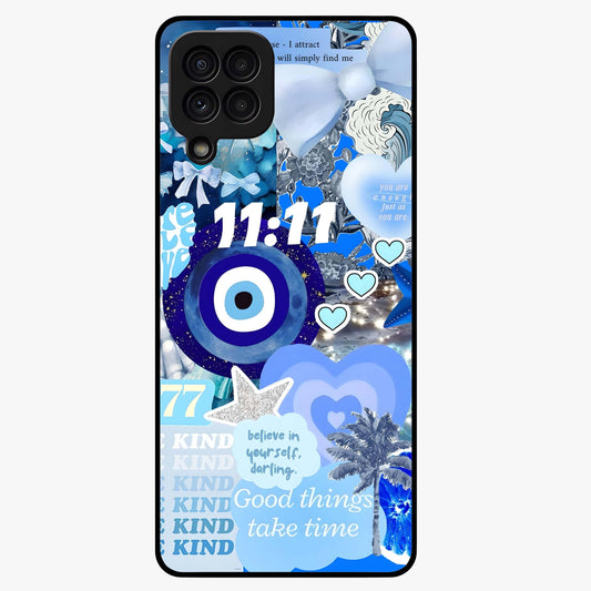 Aesthetic Be Kind Eye Glass Case showing flat back view with motivational eye artwork and glossy glass finish.