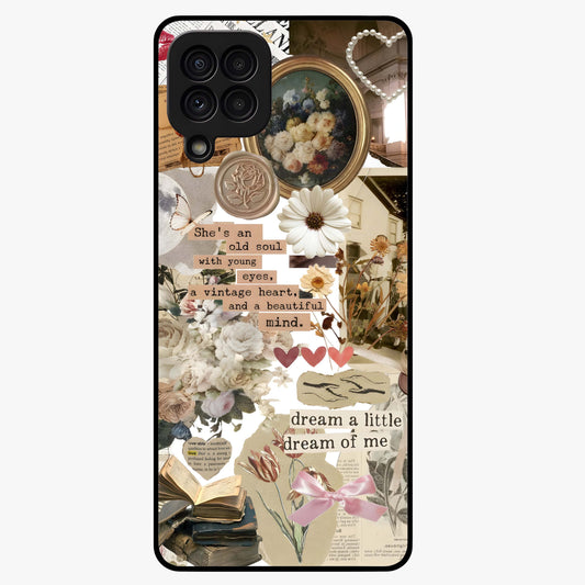 Aesthetic Brown Vintage Collage Glass Case showing flat back view with retro collage artwork and glossy glass finish.