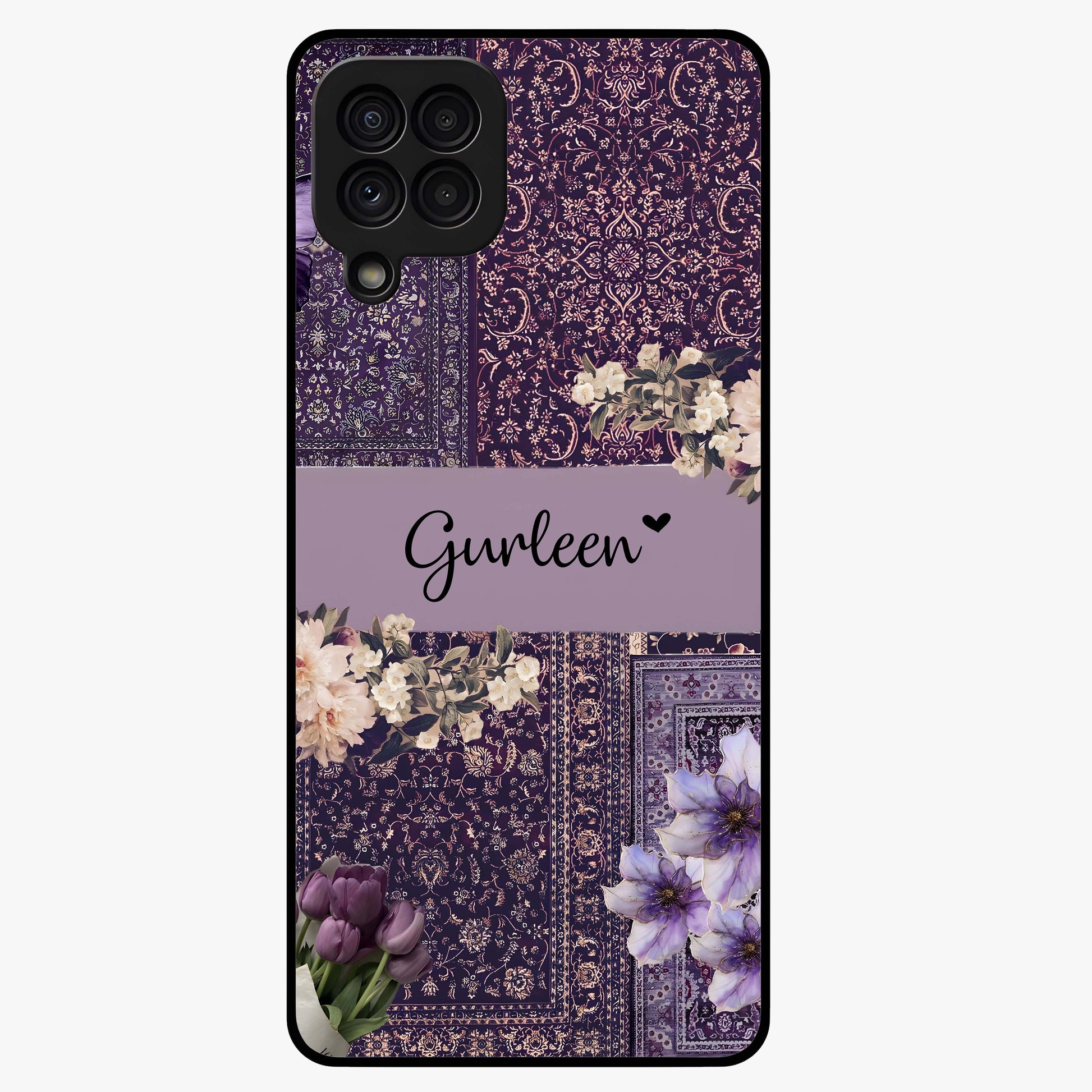 Antique Floral Whisper Custom Name Glass Case showing flat back view with vintage floral artwork and personalized name design.