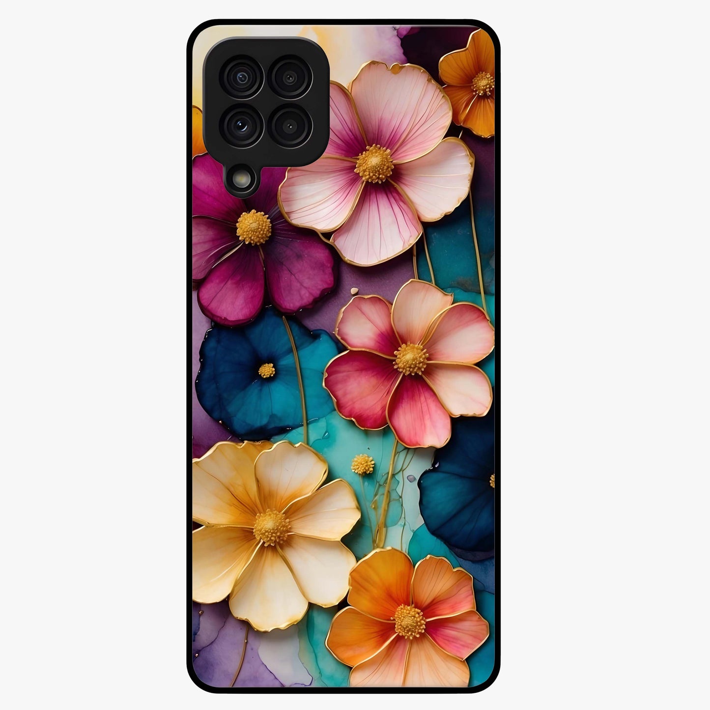 Artlyn Grace Flower Pattern Glass Case showing flat back view with elegant floral pattern artwork and glossy glass finish.