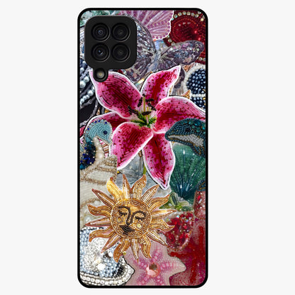 Beaded Garden Fantasy Glass Case showing flat back view with dreamy garden bead artwork and glossy glass finish.
