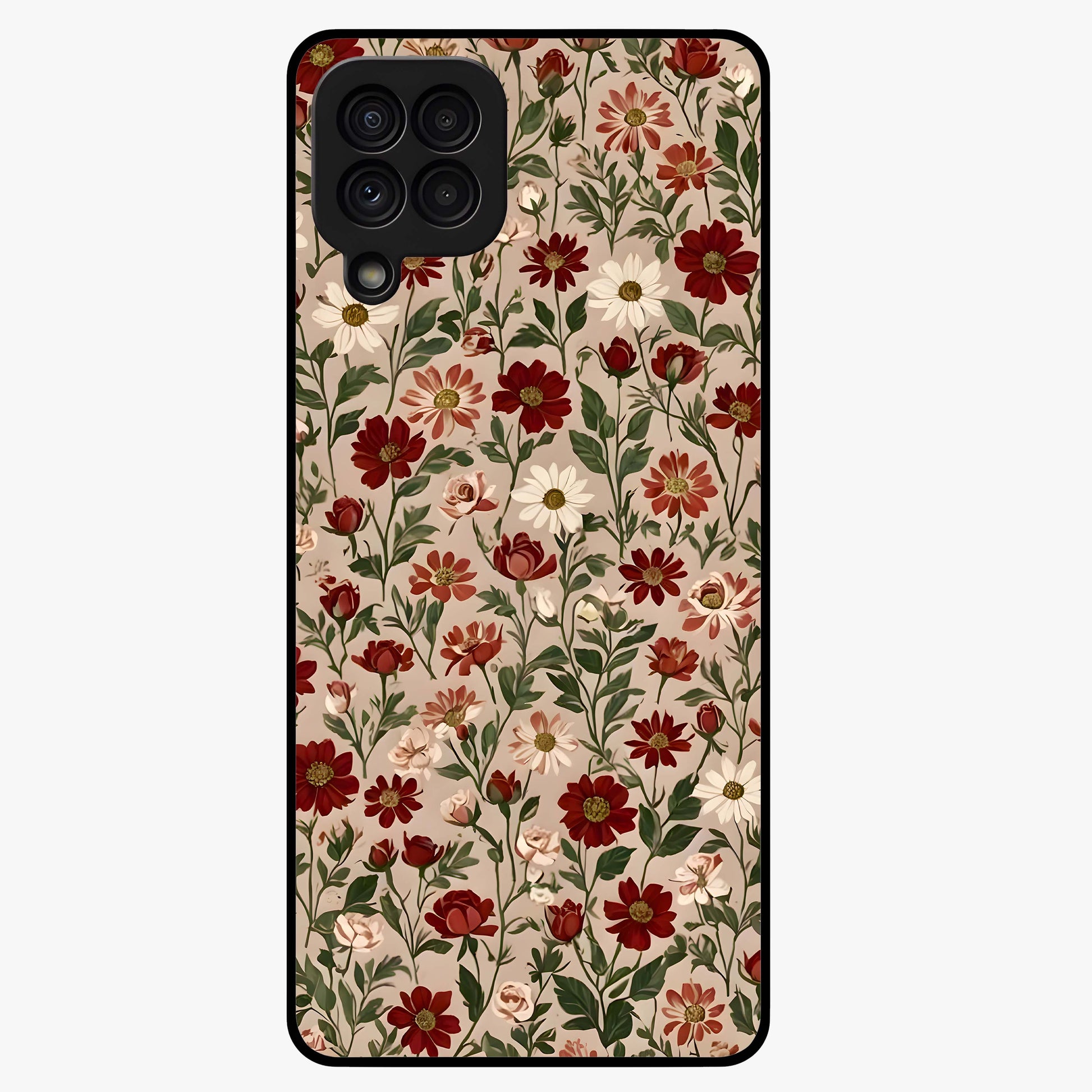 Biege Flower With Leaf Glass Case showing flat back view with soft beige floral artwork and glossy glass finish.