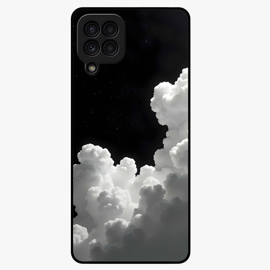 Black Background With White Cloud Glass Case showing flat back view with minimal cloud artwork on dark background and glossy glass finish.
