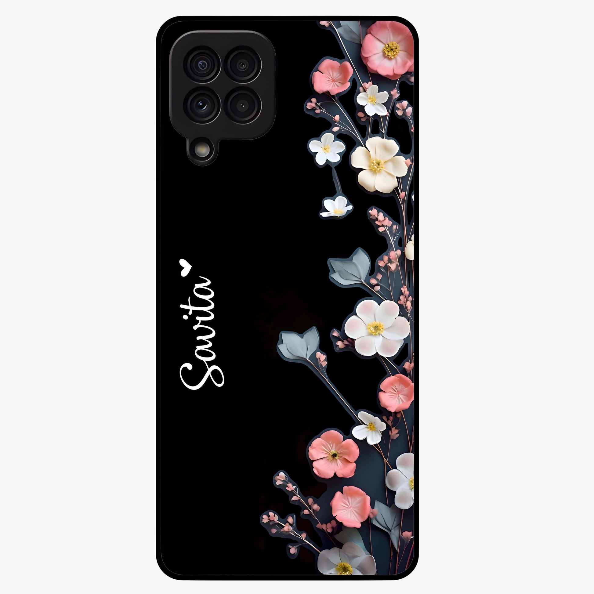Black Elegance Floral Custom Name Glass Case showing flat back view with elegant floral artwork and personalized name design.