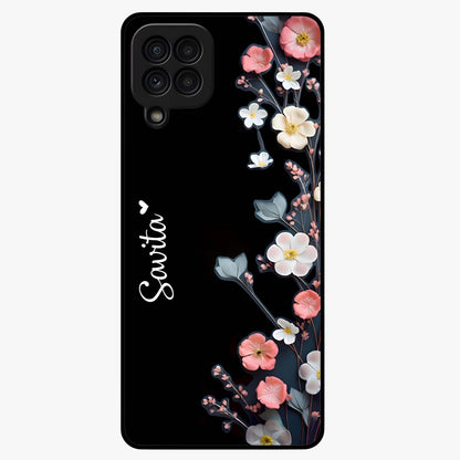 Black Elegance Floral Custom Name Glass Case showing flat back view with elegant floral artwork and personalized name design.