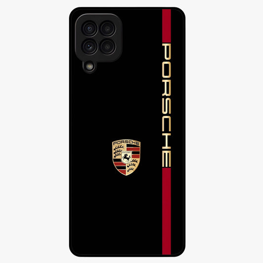 Black Minimal Porsche Glass Case showing flat back view with sleek minimal sports car artwork and glossy glass finish.