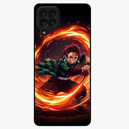 Blazing Sword Resolve Glass Case showing flat back view with fiery sword artwork and glossy glass finish.